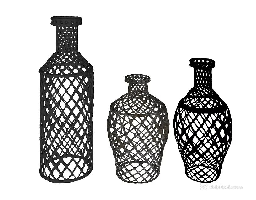 Three Black Wicker Vases With Intricate Openwork Design For Home Decor 3d model