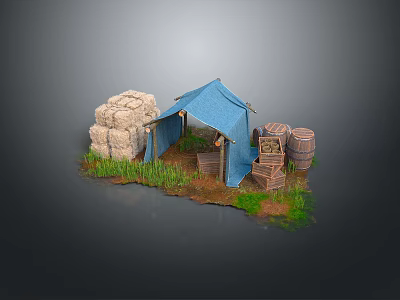 Rustic Storage Furniture With Wooden Crates Barrels And Blue Tent Near Stone Pile 3d model