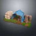 Rustic Storage Furniture With Wooden Crates Barrels And Blue Tent Near Stone Pile