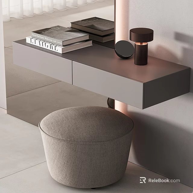 Modern Dressing Table With Gray Countertop Drawers Books Round Mirror And Upholstered Stool 3d model 