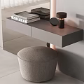 Modern Dressing Table With Gray Countertop Drawers Books Round Mirror And Upholstered Stool