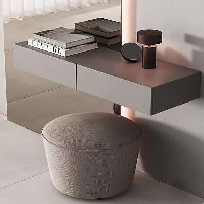 Modern Dressing Table With Gray Countertop Drawers Books Round Mirror And Upholstered Stool 3d model