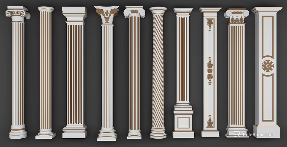 Classical Roman Columns With Various Decorative Patterns And Intricate Carvings 3d model