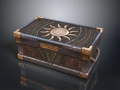 Decorative Storage Box With Sun Motif Dark Textured Surface And Brass Corners 3d model