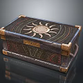 Decorative Storage Box With Sun Motif Dark Textured Surface And Brass Corners