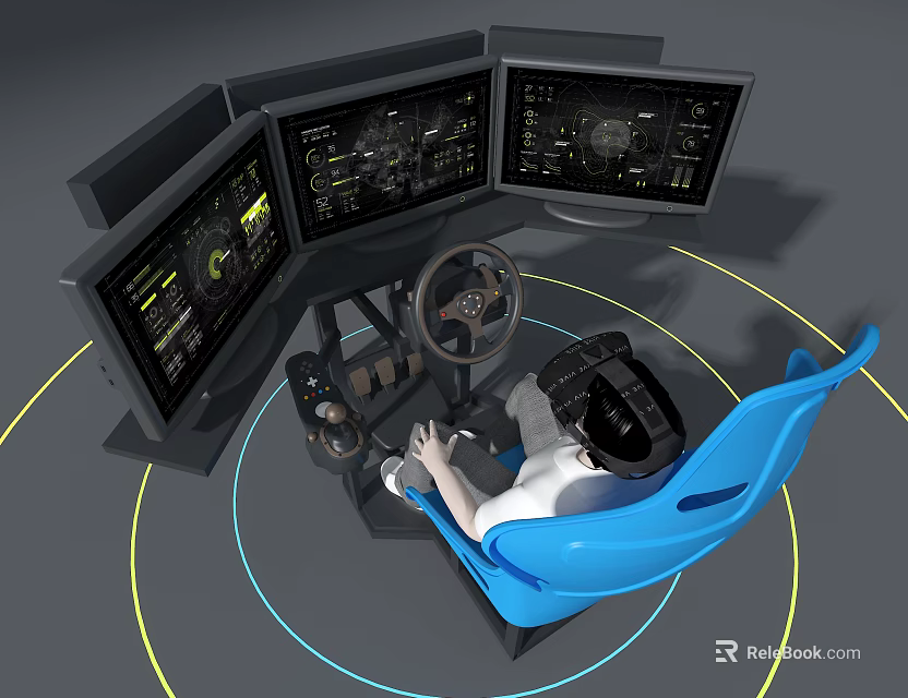 Immersive Home Entertainment Driving Simulator Device with Multiple Screens Steering Wheel and Blue Seat 3d model 
