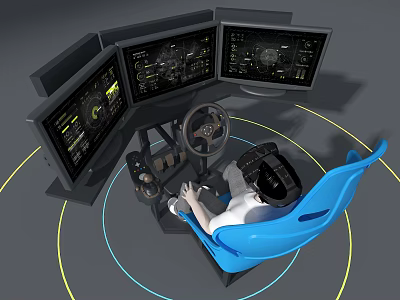 Immersive Home Entertainment Driving Simulator Device with Multiple Screens Steering Wheel and Blue Seat 3d model