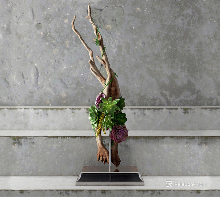 Elegant Natural Decorative Ornament Set With Twisted Branches Green Foliage Purple Flowers And Black Base 3d model 