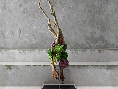 Elegant Natural Decorative Ornament Set With Twisted Branches Green Foliage Purple Flowers And Black Base 3d model