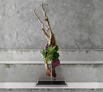 Elegant Natural Decorative Ornament Set With Twisted Branches Green Foliage Purple Flowers And Black Base 3d model