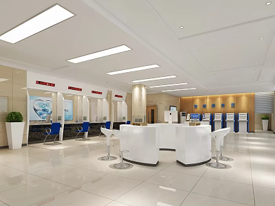 Modern Bank Interior Design With Round Counter Blue Chairs ATMs And Strip Lights 3d model
