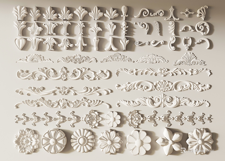 Ornate Carved Decorative Elements Featuring Floral Leaf Scroll And Flower Designs For Home Decor 3d model 