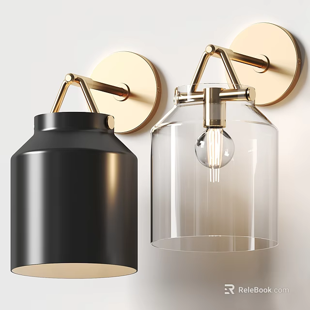 Modern Black Metal and Transparent Glass Wall Lamps with Gold Base Design 3d model 