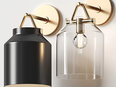 Modern Black Metal and Transparent Glass Wall Lamps with Gold Base Design 3d model