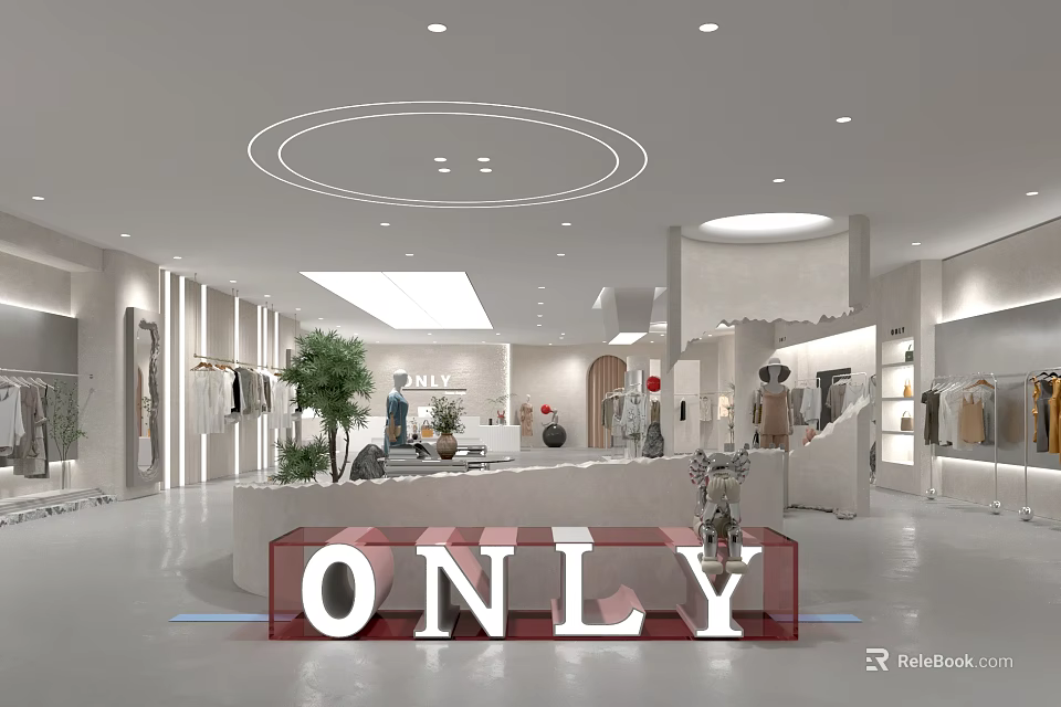 Elegant ONLY Clothing Store Modern Interior With Clothing Displays And Lighting 3d model 