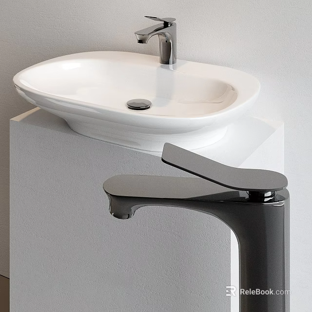 Modern White Countertop Washbasin with Sleek Black Faucet in Minimalist Bathroom Interior 3d model 