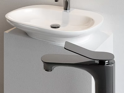Modern White Countertop Washbasin with Sleek Black Faucet in Minimalist Bathroom Interior 3d model