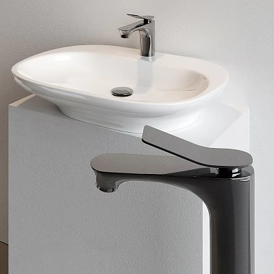 Modern White Countertop Washbasin with Sleek Black Faucet in Minimalist Bathroom Interior 3d model