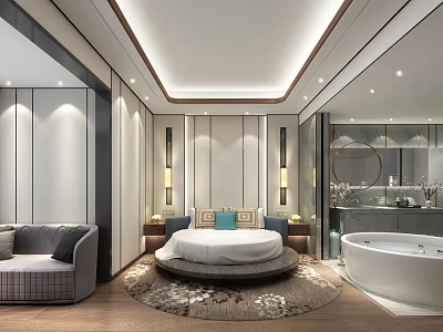 Modern Hotel Room Interior With Round Bed Sofa Bathtub And Elegant Lighting 3d model