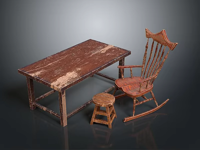 Vintage Wooden Dining Table With Worn Surface Rocking Chair And Small Stool 3d model