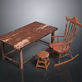 Vintage Wooden Dining Table With Worn Surface Rocking Chair And Small Stool