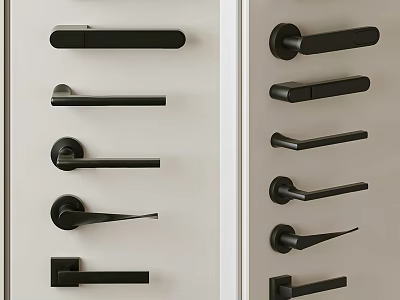 Black Door Handles In Various Styles On White Door Panels With Sleek Design 3d model