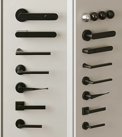 Black Door Handles In Various Styles On White Door Panels With Sleek Design 3d model