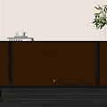 Modern Brown TV Stand with Circular Knobs Metal Legs and Potted Plant on Wooden Floor