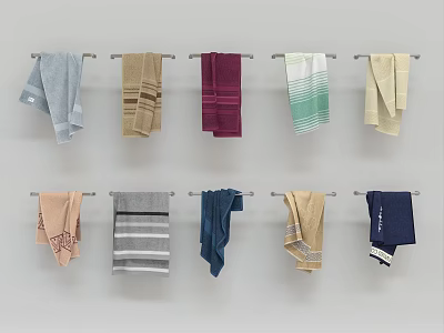 Colorful Towels Hanging on Metal Rods with Various Patterns and Soft Textures for Bathroom Decor 3d model