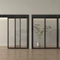 Modern Black Sliding Glass Doors With Green Plant And Wooden Floor