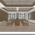 Traditional Store Interior With Wooden Ceiling Shelves Table Chairs And Outdoor Green Red Leaf Trees