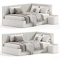 Kids Bed Featuring White and Pink Ribbed Headboard Soft Pillows and Cozy Blankets