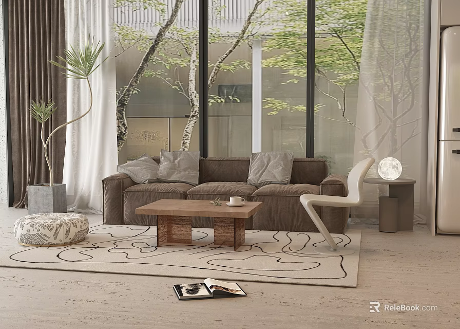 Modern Living Room With Brown Sofa Gray Cushions Wooden Coffee Table And Large Windows 3d model 