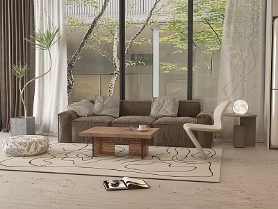 Modern Living Room With Brown Sofa Gray Cushions Wooden Coffee Table And Large Windows 3d model