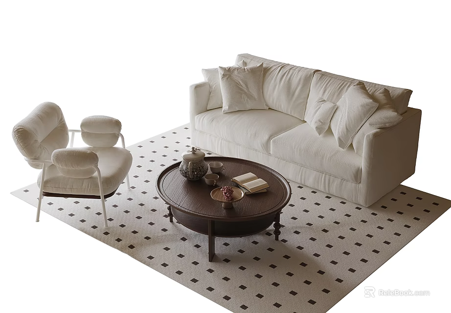 Beige Sofa And Round Coffee Table Set With Armchairs On Black And White Checkered Rug 3d model 