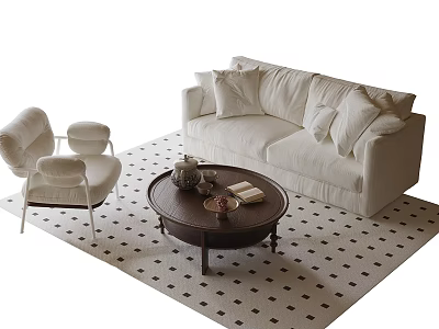 Beige Sofa And Round Coffee Table Set With Armchairs On Black And White Checkered Rug 3d model