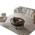 Beige Sofa And Round Coffee Table Set With Armchairs On Black And White Checkered Rug