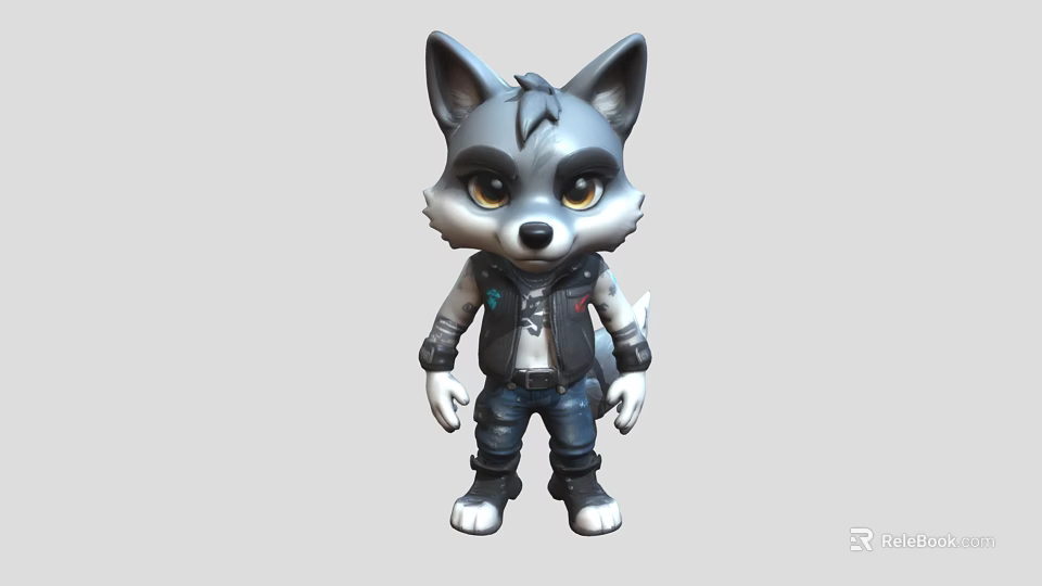 Cute Gray Wolf Game Movie Character With Black Vest And Blue Jeans 3d model 