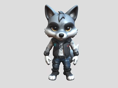 Cute Gray Wolf Game Movie Character With Black Vest And Blue Jeans 3d model