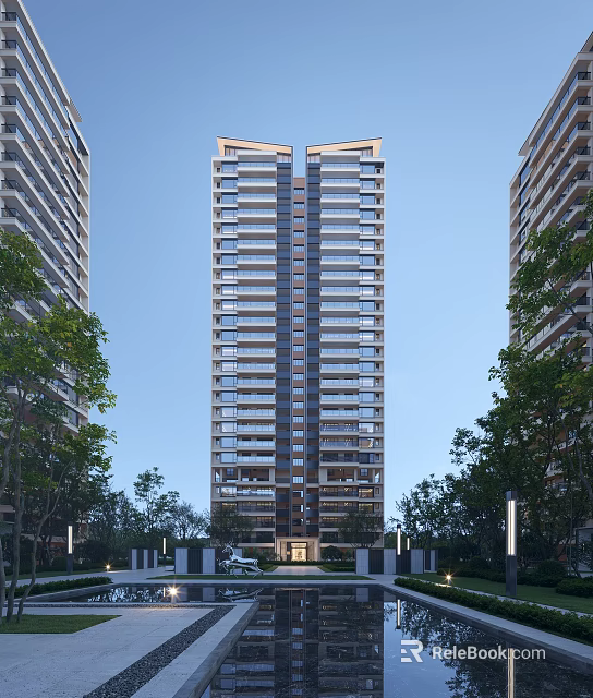 Modern High Rise Residential Building With Surrounding Trees And Entrance Courtyard 3d model 