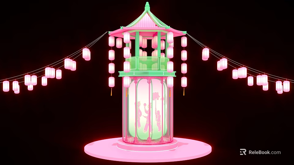 Pagoda Style Art Installation With Hanging Lanterns Green Pink Accents Glowing Base And Silhouette Designs 3d model 