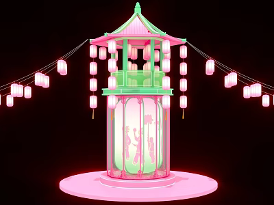 Pagoda Style Art Installation With Hanging Lanterns Green Pink Accents Glowing Base And Silhouette Designs 3d model