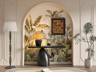 Black Entryway Cabinet Sideboard With Tropical Plant Mural Table Lamp And Floor Lamp 3d model