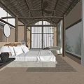 Rustic Minimalist Hotel Guest Room Interior With Wooden Ceiling Large Windows And Natural View