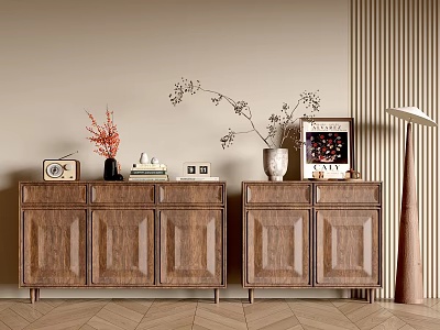 Modern Wooden Console and Side Cabinet with Decorative Items in Entryway 3d model