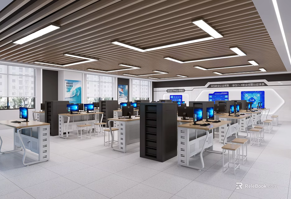 Modern Public Office Space With Multiple Workstations Computers Ergonomic Chairs And Ceiling Lights 3d model 