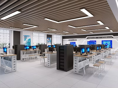 Modern Public Office Space With Multiple Workstations Computers Ergonomic Chairs And Ceiling Lights 3d model