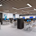 Modern Public Office Space With Multiple Workstations Computers Ergonomic Chairs And Ceiling Lights 3d model