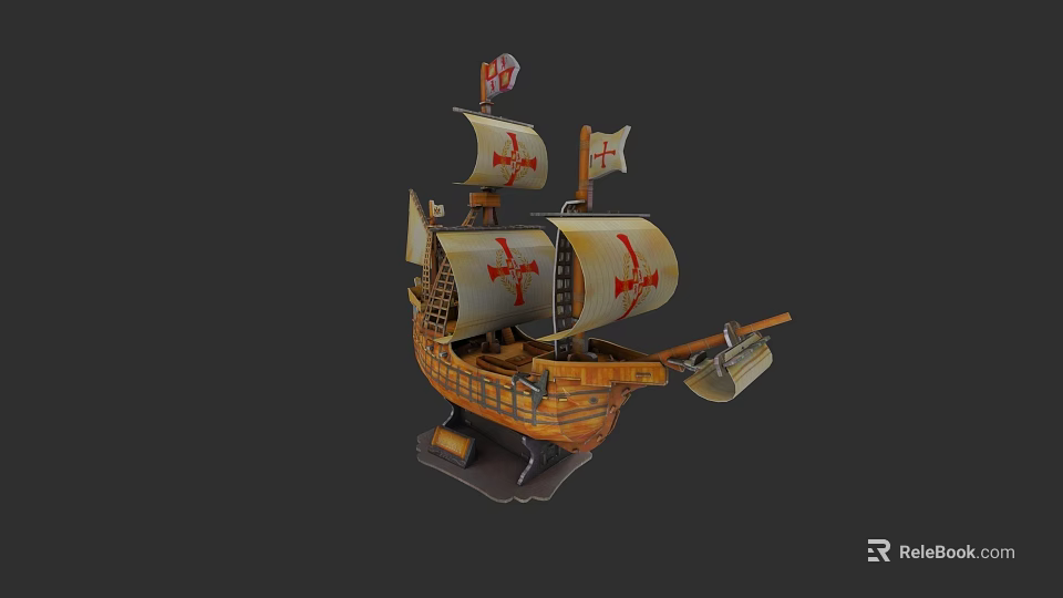Wooden Sailing Ship Model With Red Cross Sails And Detailed Hull Design 3d model 