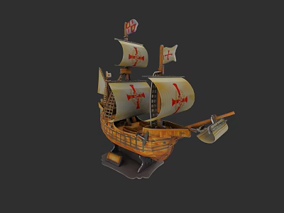 Wooden Sailing Ship Model With Red Cross Sails And Detailed Hull Design 3d model